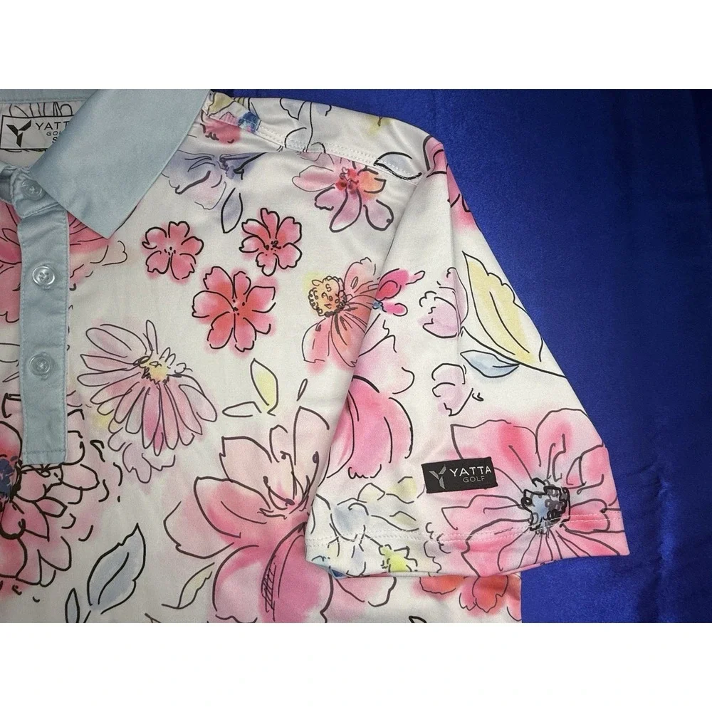 Yatta Golf Polo Men's Small Shirt Watercolor Floral Flowers Stretch UV Colorful